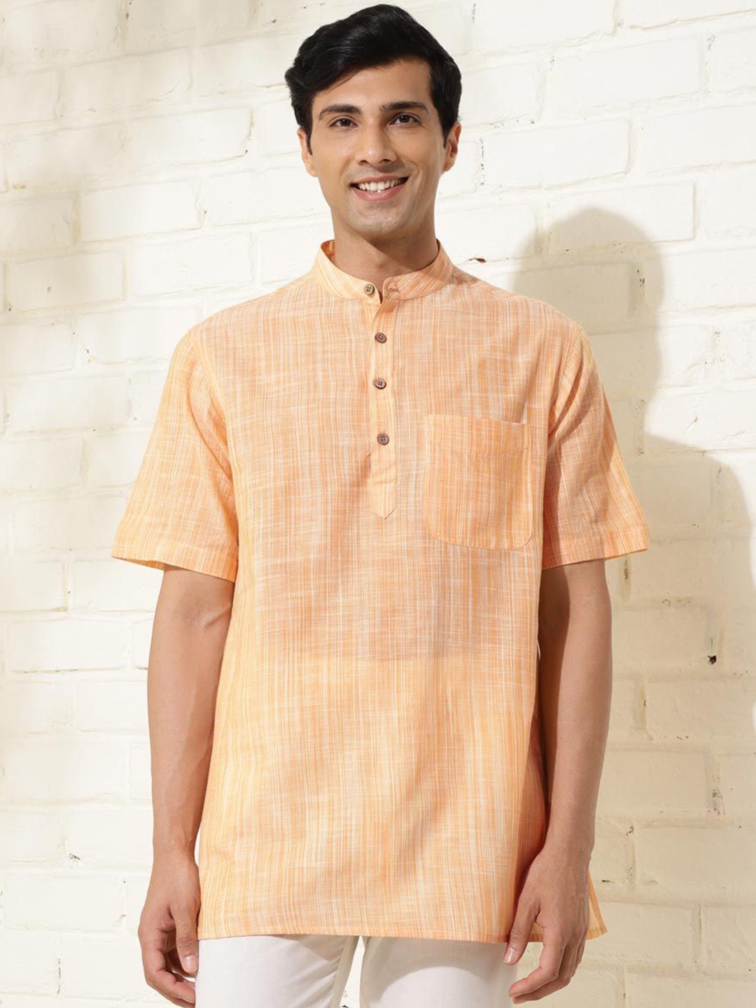 

Fabindia Men Cotton Mandarin Collar Woven Short Kurta, Orange