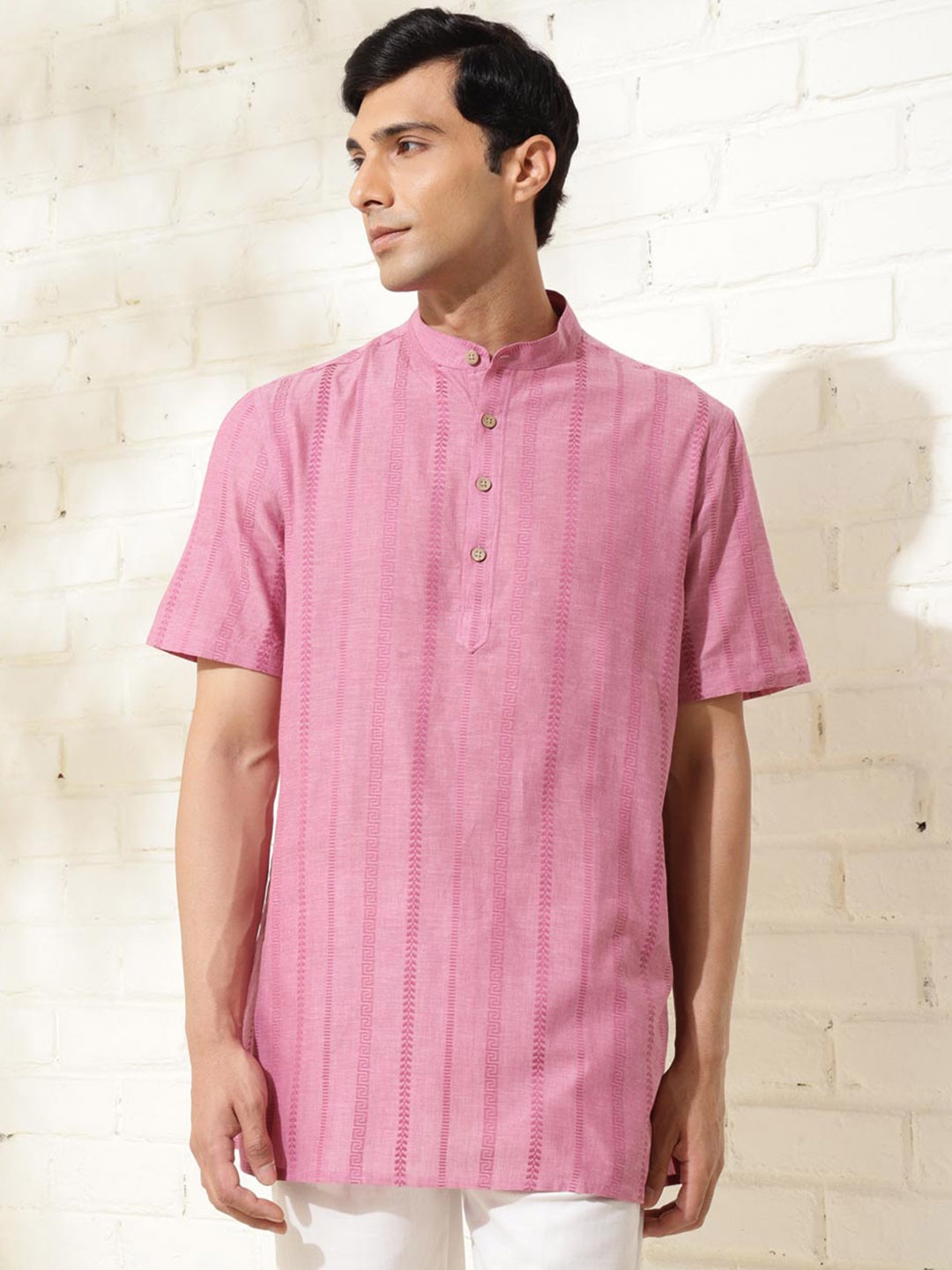 

Fabindia Men Striped Cotton Woven Short Kurta, Pink
