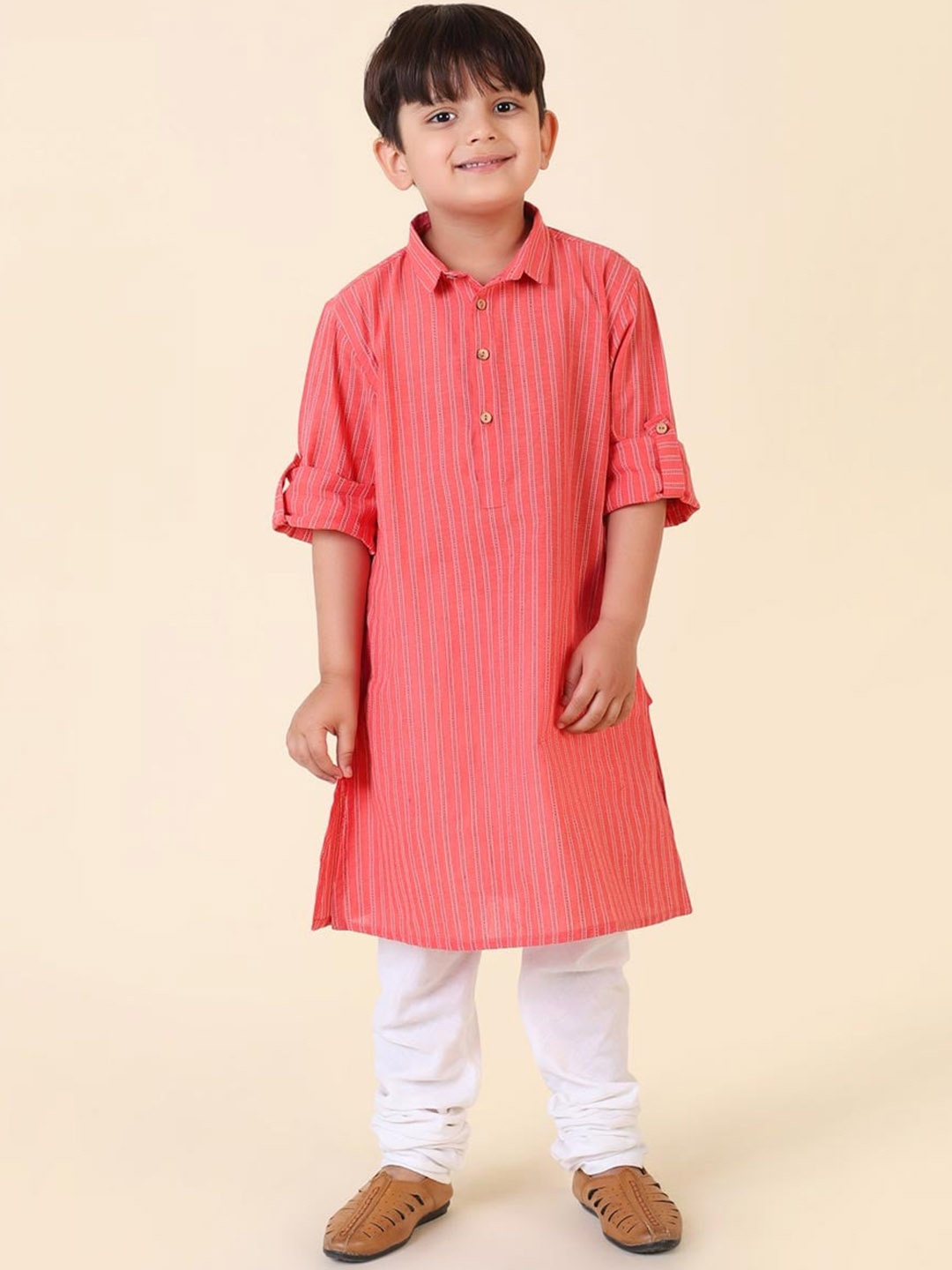 

Fabindia Boys Cotton Striped Roll Up Sleeves Printed Straight Kurta, Pink
