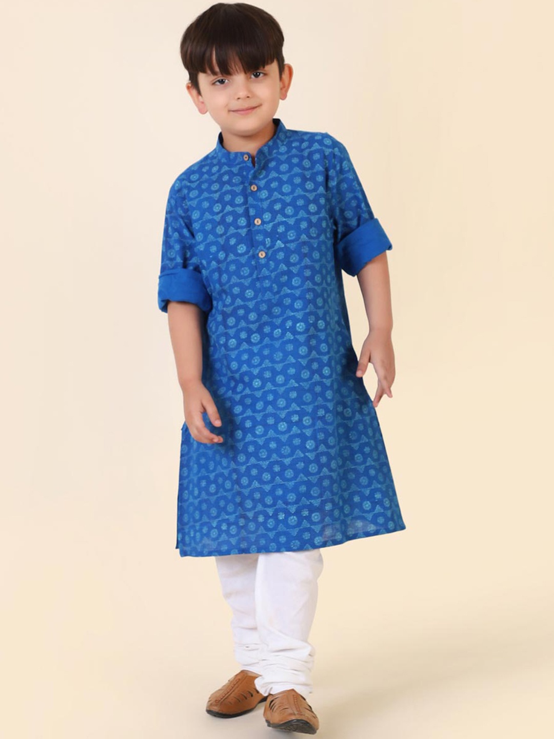 

Fabindia Boys Cotton Hand Block Printed Straight Kurta, Blue