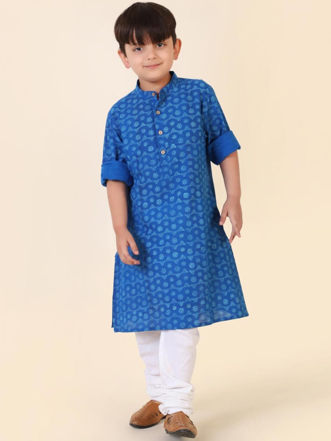 

Fabindia Boys Cotton Hand Block Printed Straight Kurta, Blue