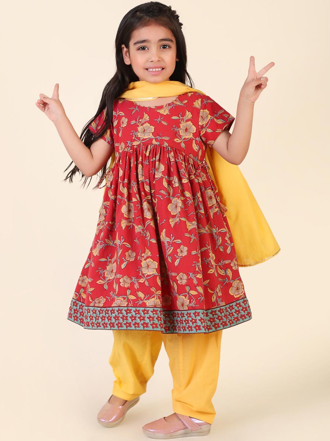 

Fabindia Girls Floral Printed Regular Pure Cotton Kurta Salwar With Dupatta, Red