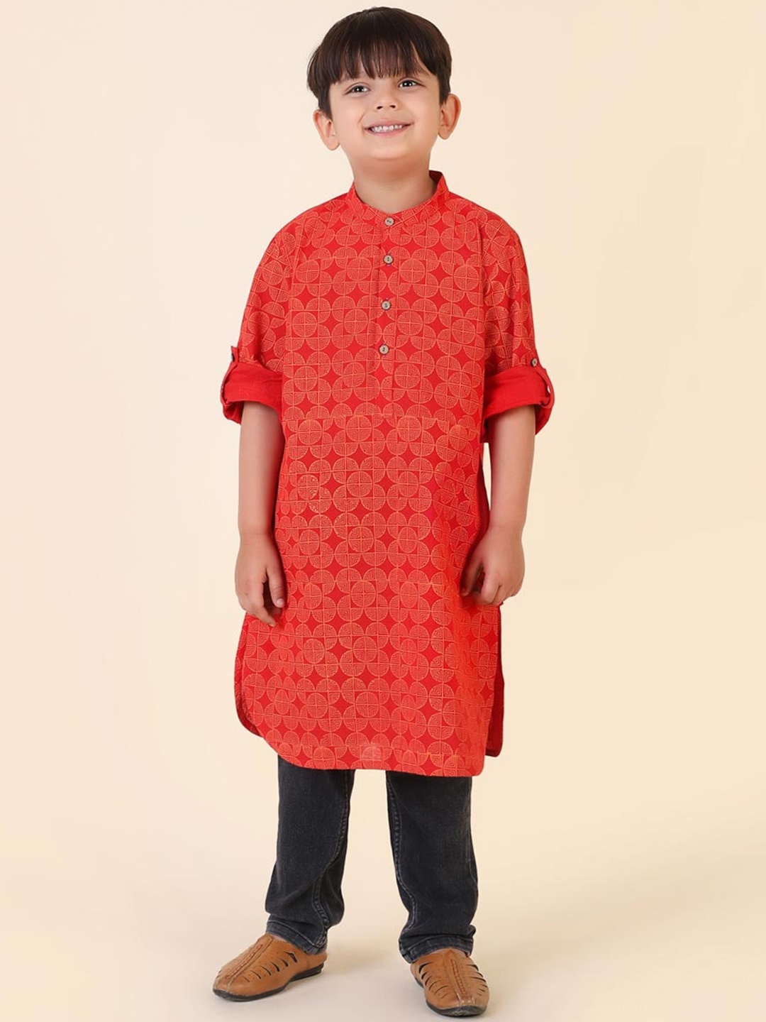 

Fabindia Boys Geometric Cotton Hand Block Printed Kurta, Red