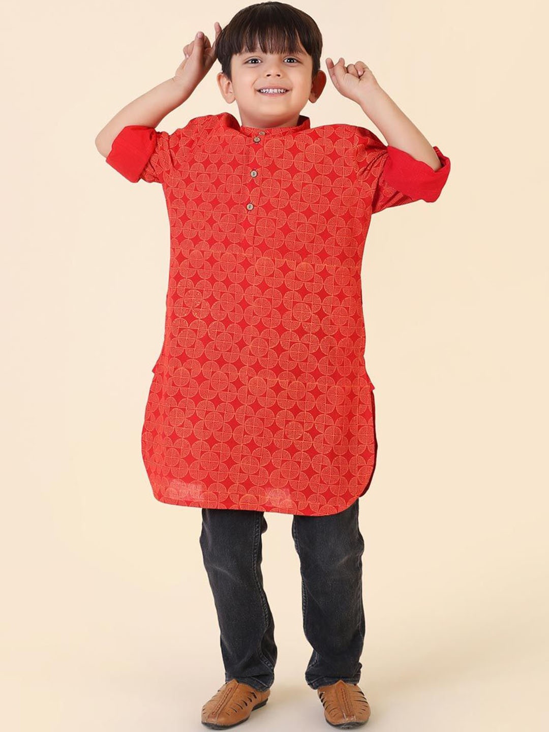 

Fabindia Boys Cotton Hand Block Printed Kurta, Red