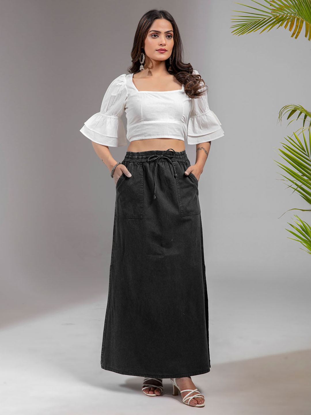 

KASYA Women Solid Bell Sleeve Cotton Crop Top, White