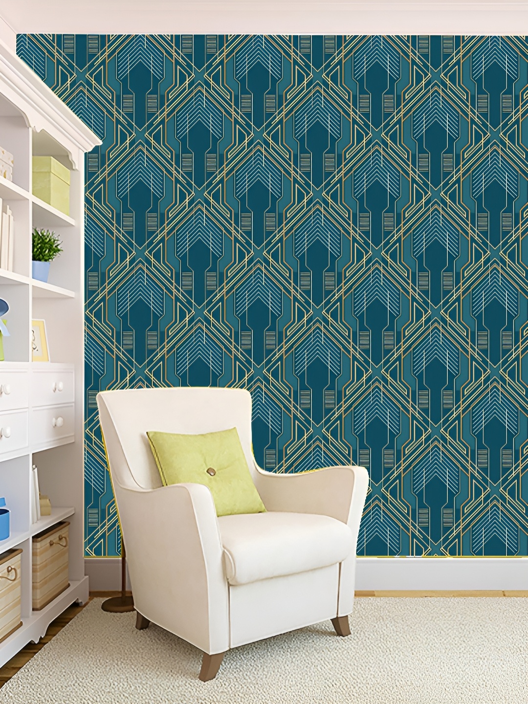 

KSHIRSA Teal Blue & Beige Printed Self-Adhesive 3D Wallpaper