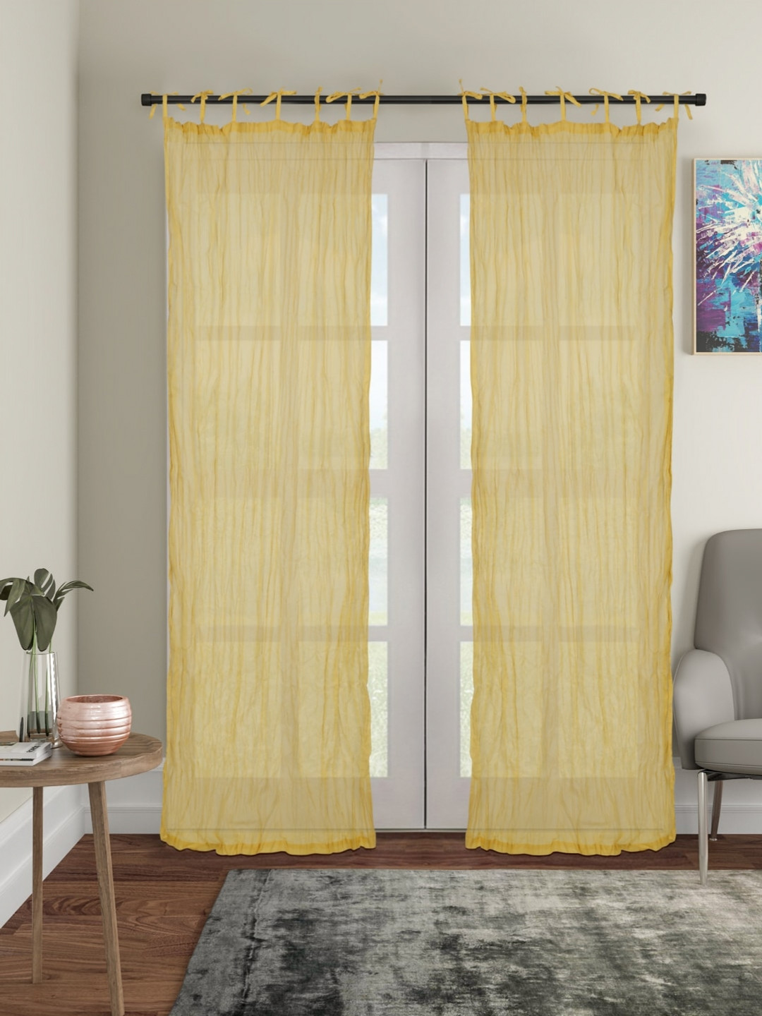 

House of Pataudi Crinkled Sheer Door Curtain, Yellow