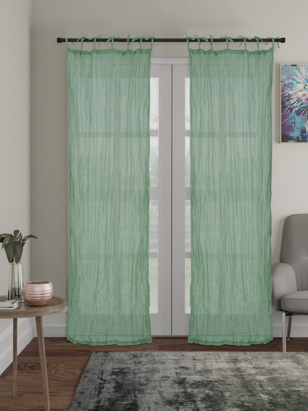 

House of Pataudi Green 2-Pcs Crinkled Cotton Curtain