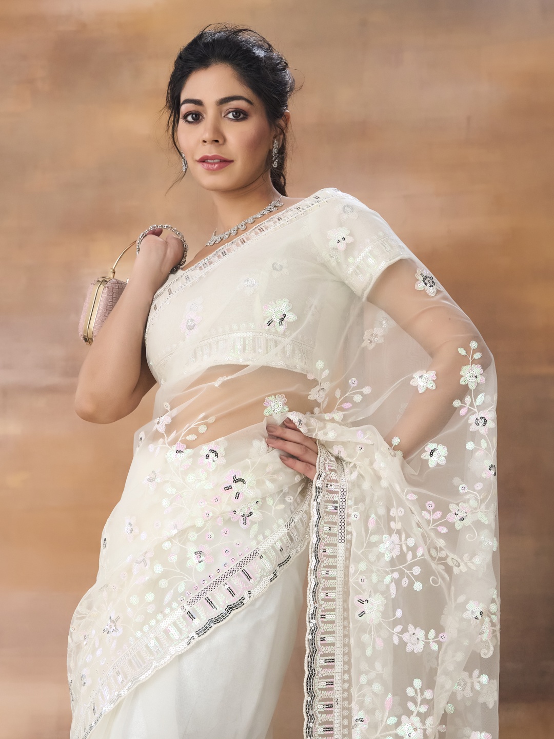 

kasee Floral Embroidered Net Saree, Off white