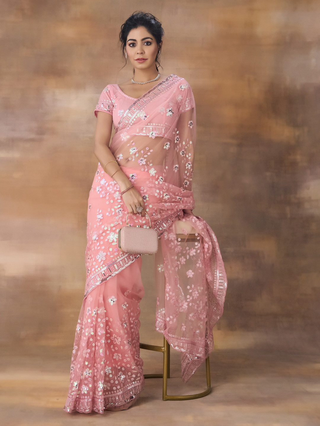 

kasee Floral Embroidered Net Saree, Pink
