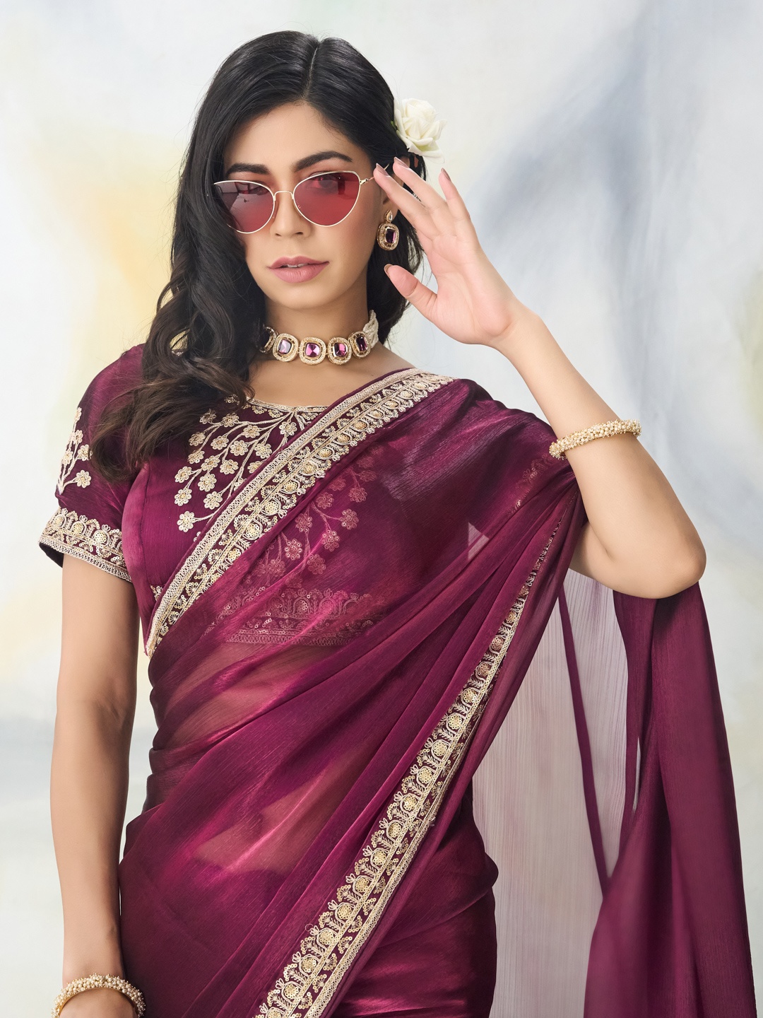 

kasee Embroidered Saree, Burgundy