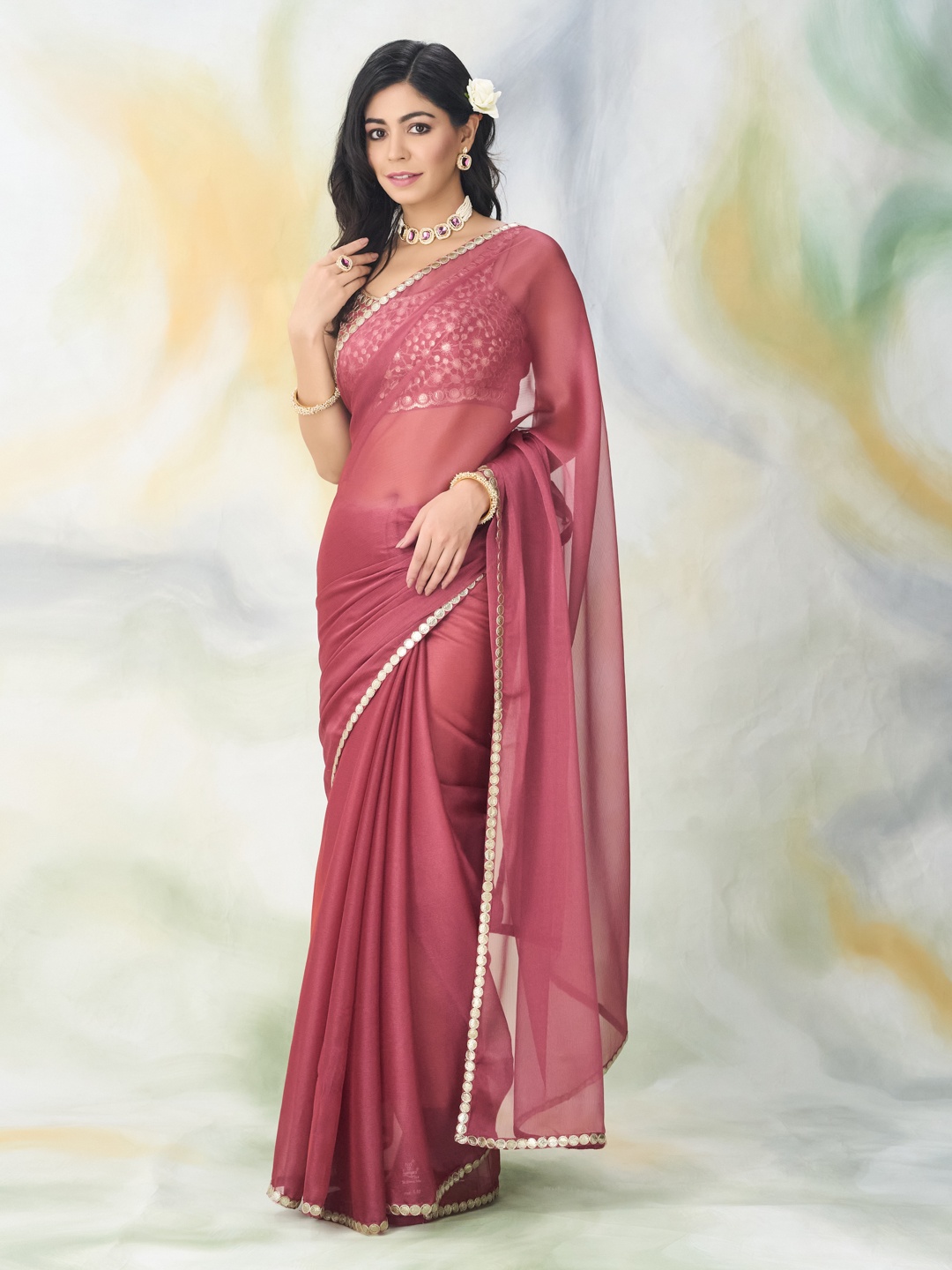 

kasee Solid Mirror Work Saree, Pink