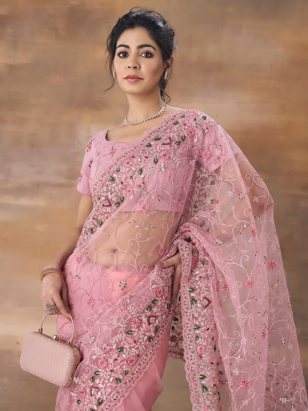 

kasee Floral Embroidered Net Saree With Blouse Piece, Pink