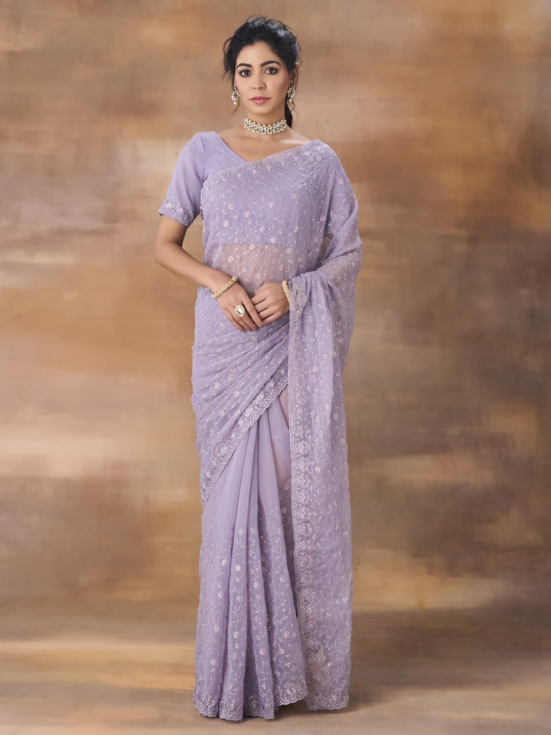 

kasee Embroidered Floral Sequinned Saree, Lavender