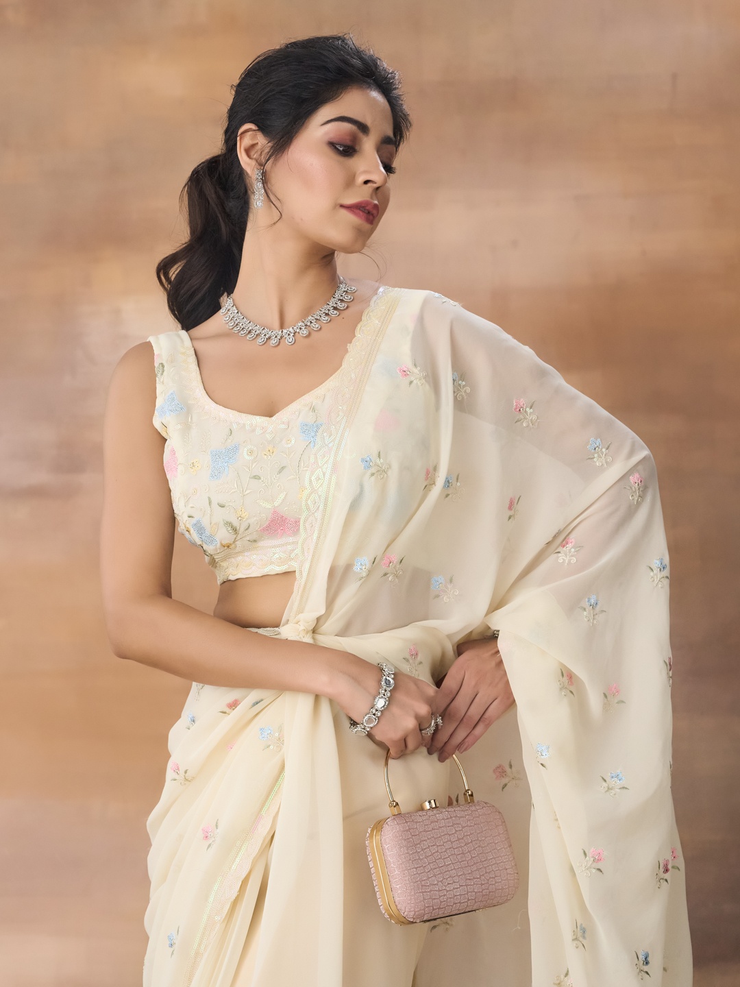 

kasee Floral Embroidered Saree, Cream