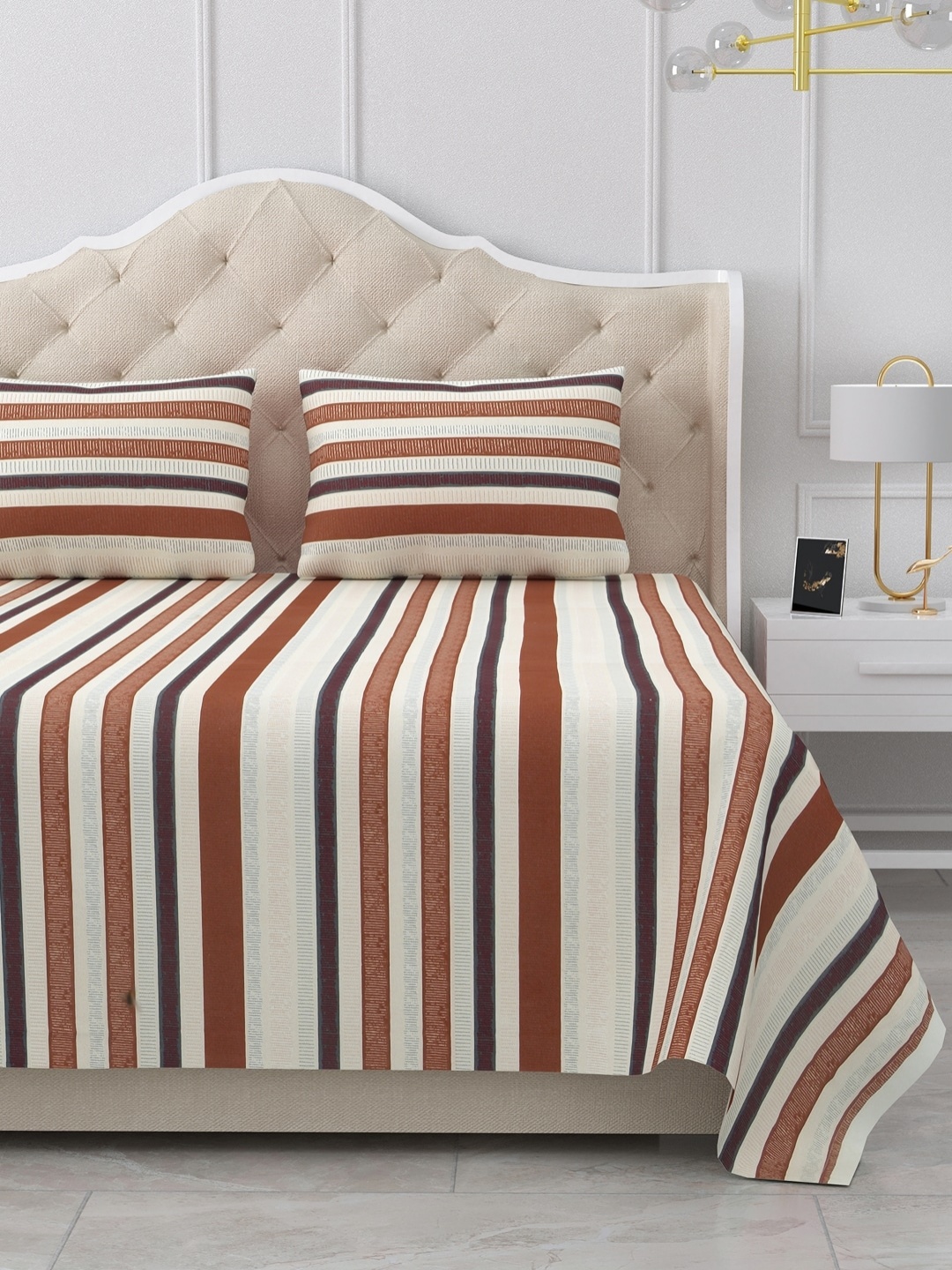 

BELLA CASA Brown & White Striped 180 TC King Bedsheet with 2 Pillow Covers