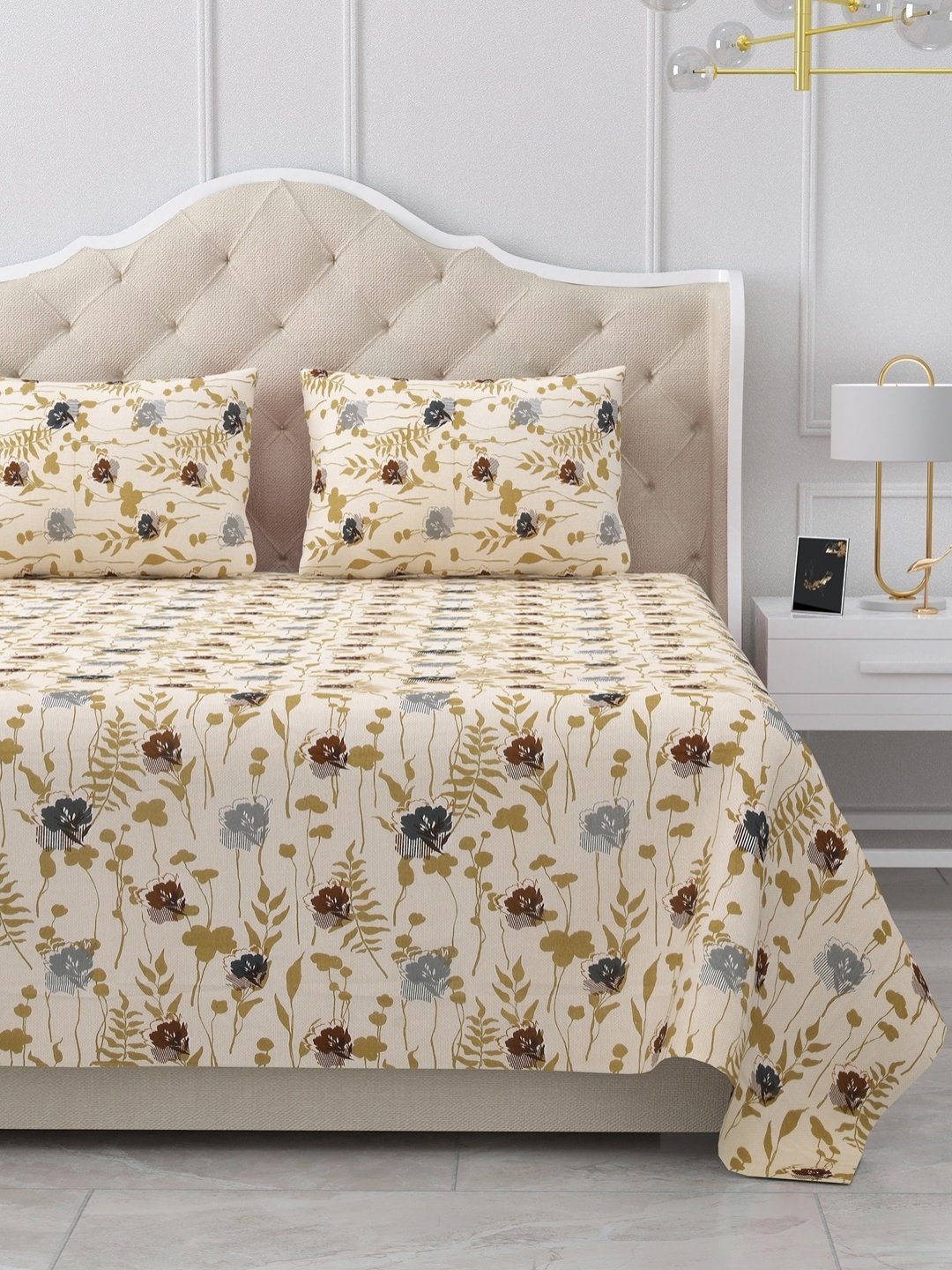 

BELLA CASA Green & Beige Floral 180 TC King Bedsheet with 2 Pillow Covers