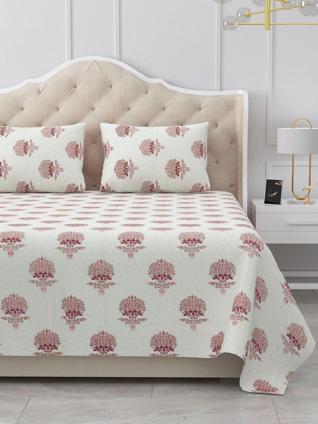

BELLA CASA Maroon & White Ethnic Motifs 180 TC King Bedsheet with 2 Pillow Covers