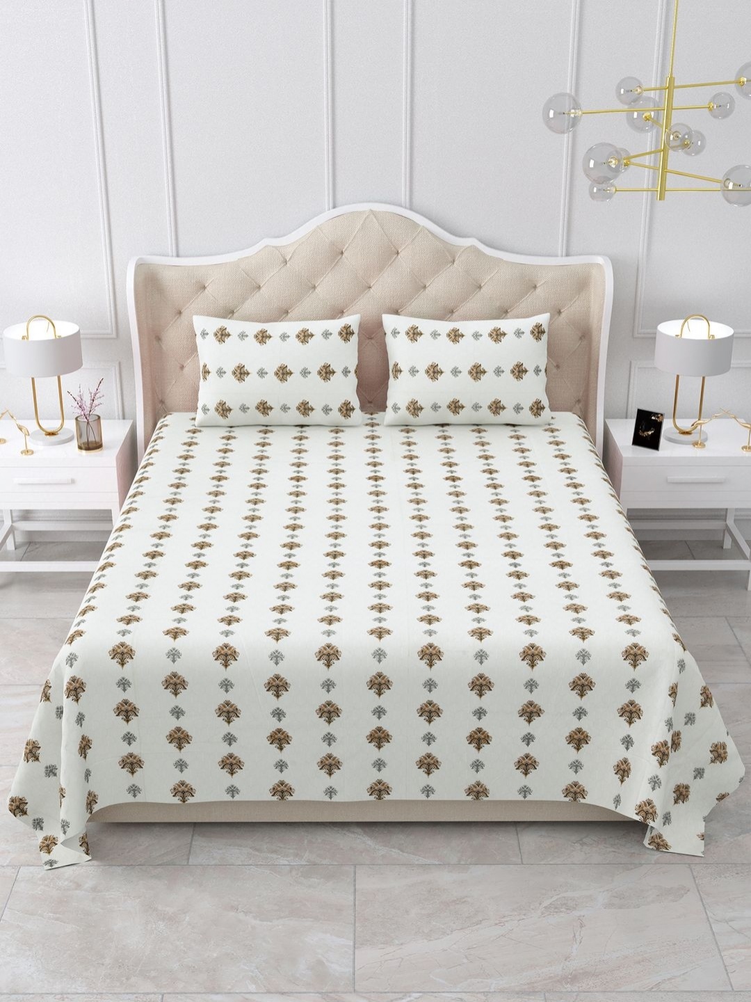 

BELLA CASA Brown & White Ethnic Motifs 180 TC King Bedsheet with 2 Pillow Covers