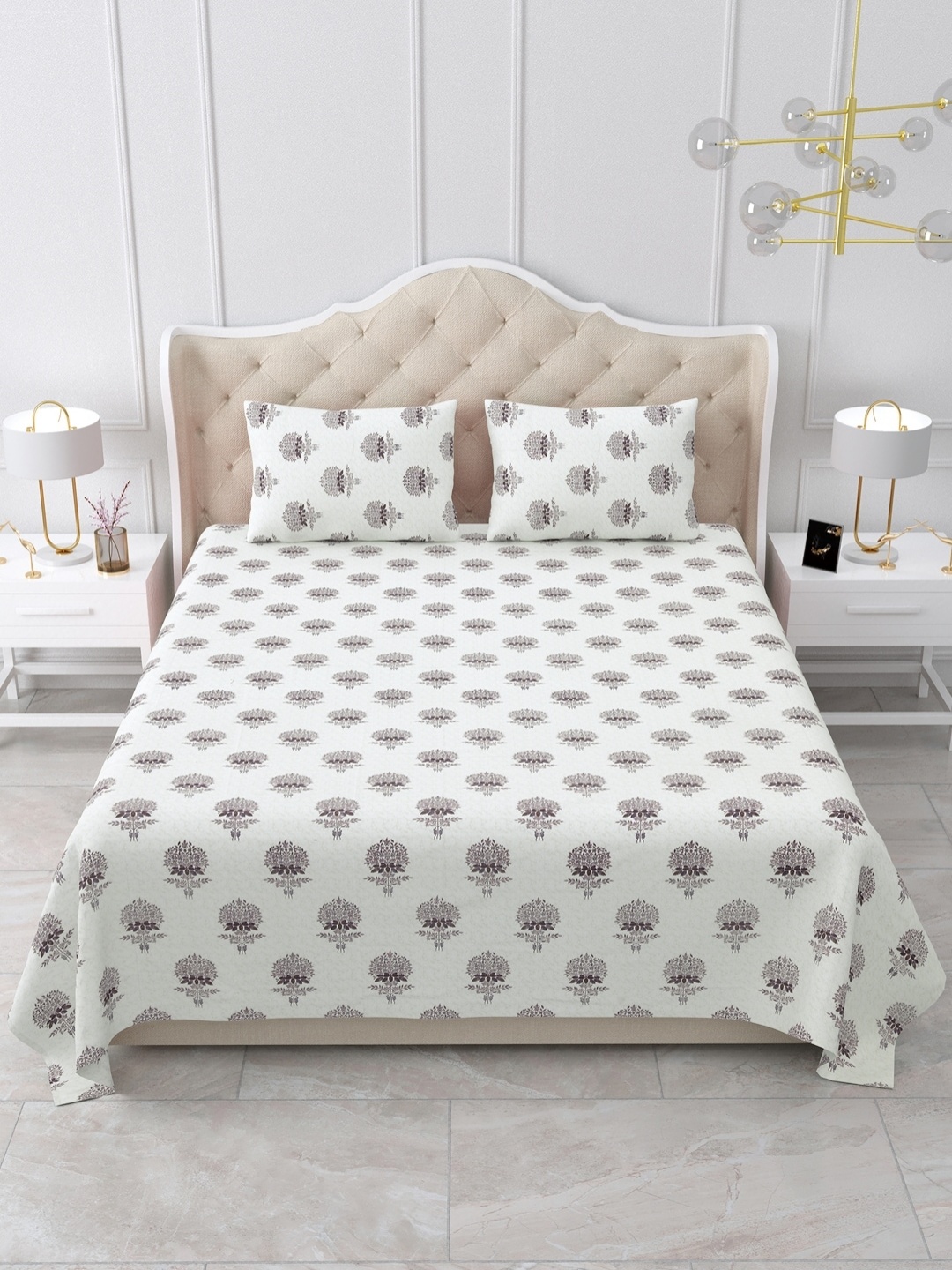 

BELLA CASA Maroon & White Ethnic Motifs 180 TC King Bedsheet with 2 Pillow Covers