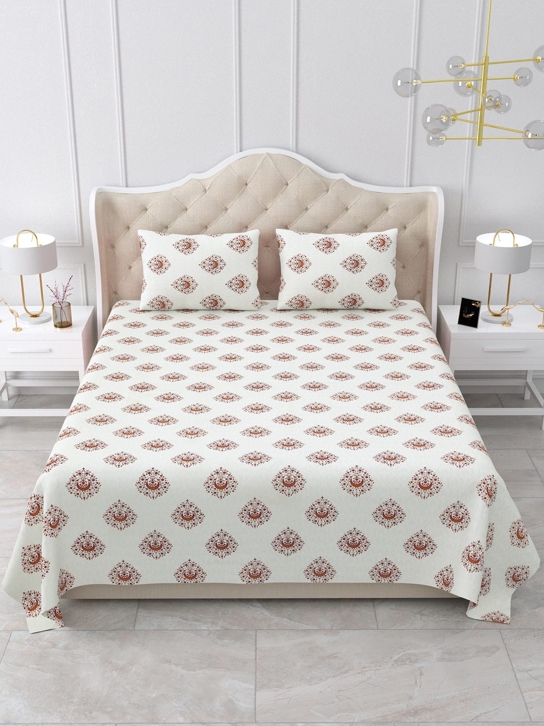 

BELLA CASA Orange & White Ethnic Motifs 180 TC King Bedsheet with 2 Pillow Covers