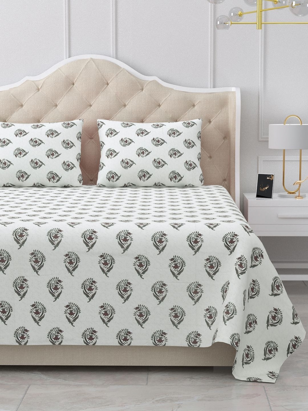 

BELLA CASA White & Brown Ethnic Motifs 180 TC King Bedsheet with 2 Pillow Covers