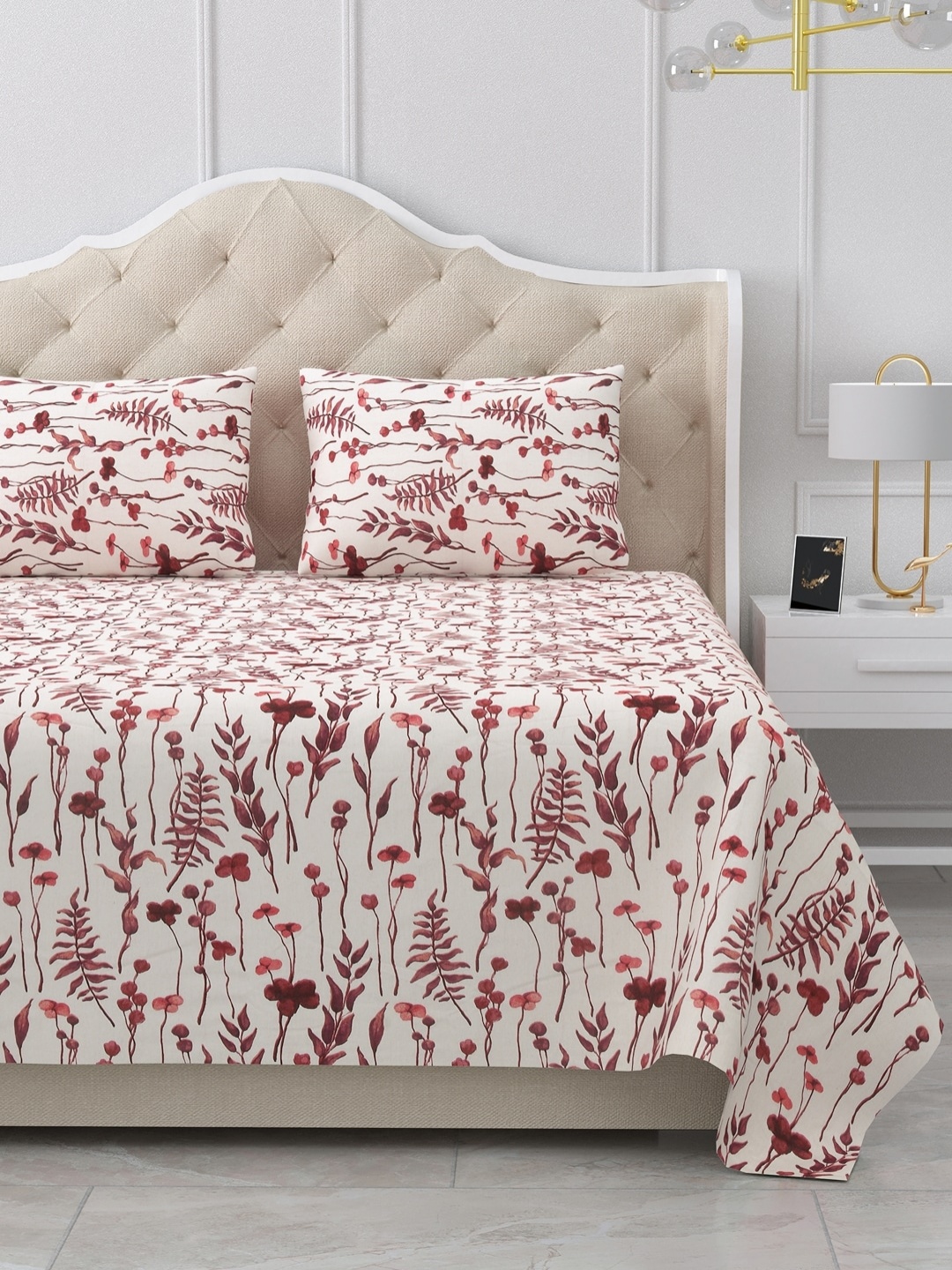 

BELLA CASA Peach-Coloured & Brown Floral 180 TC King Bedsheet with 2 Pillow Covers