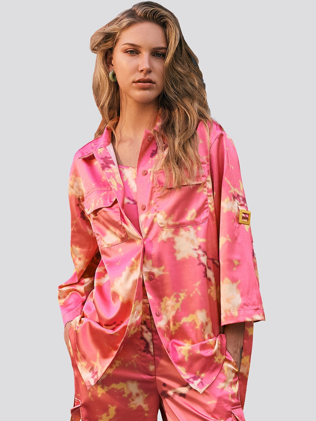 

Muvazo Printed Shirt Collar Neck Shirt & Top With Trousers Co-Ords, Pink