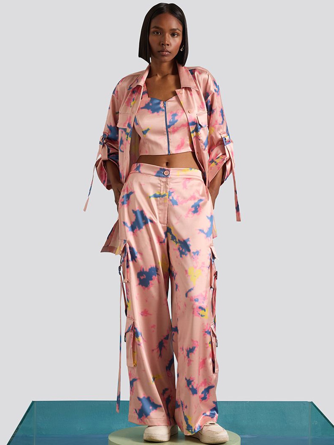 

Muvazo MFZ Printed Shirt Collar Neck Shirt & Top With Trousers Co-Ords, Pink
