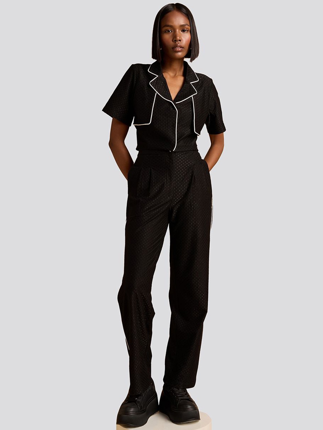 

Muvazo Self-Design Collar Neck Shirt & Trousers Co-Ords, Black