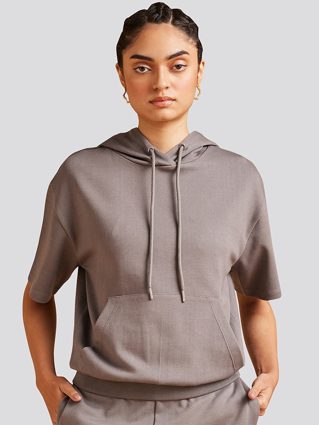 

Muvazo Cotton Hood Collar Top With Joggers Co-Ords, Grey