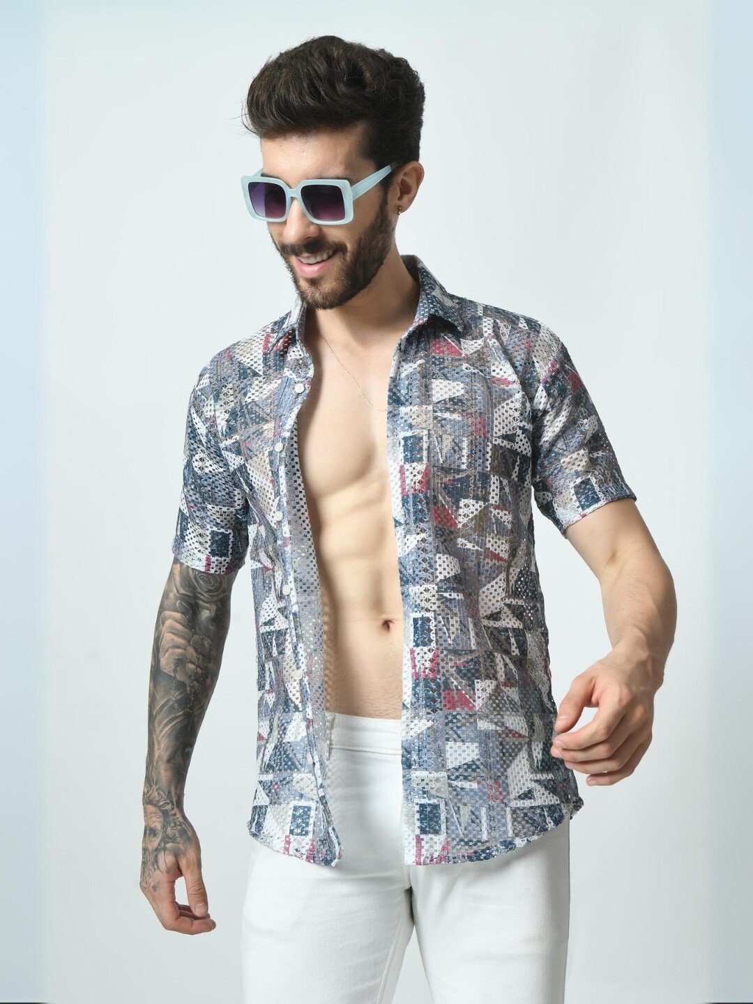 

STARFOX Men Slim Fit Opaque Printed Party Shirt, Grey