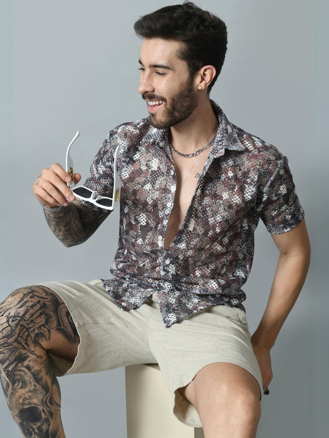 

STARFOX Men Slim Fit Floral Opaque Printed Party Shirt, Copper
