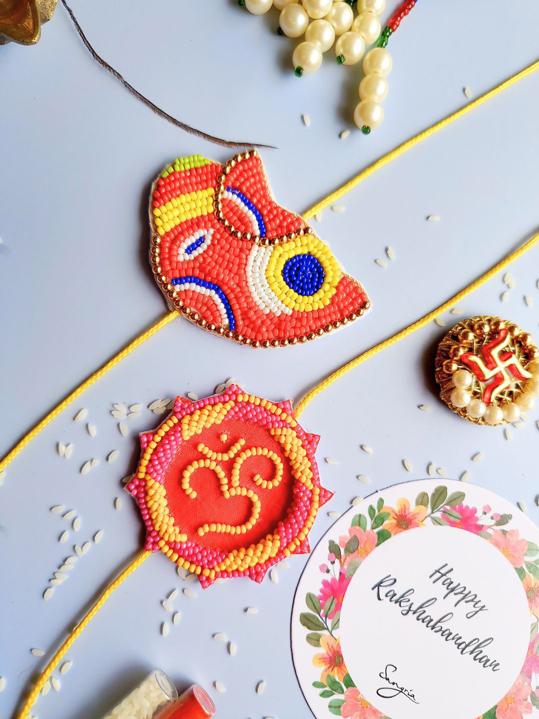 

Sangria Red Set Of 3 Beaded Thread Rakhi