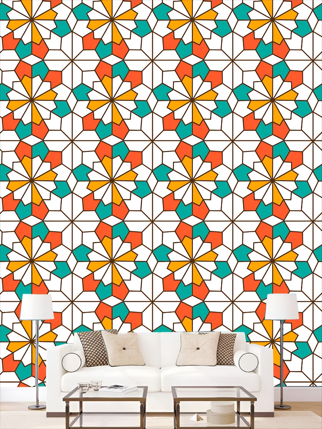 

KSHIRSA White & Orange Colored Printed Self-Adhesive 3D Wallpaper