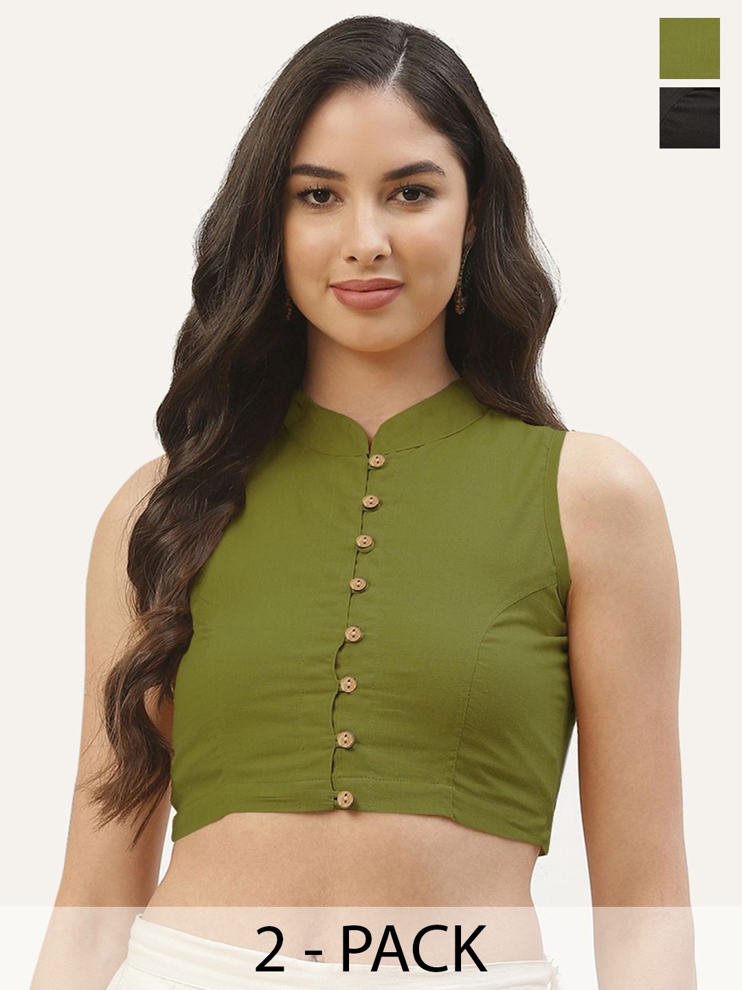 

Molcha Pack Of 2 Plus Size Cotton solid Mandarin Collar non padded Saree Blouse, Olive