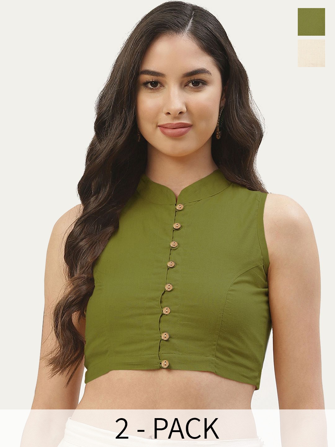 

Molcha Pack Of 2 Plus Size Cotton solid Mandarin Collar non padded Saree Blouse, Olive