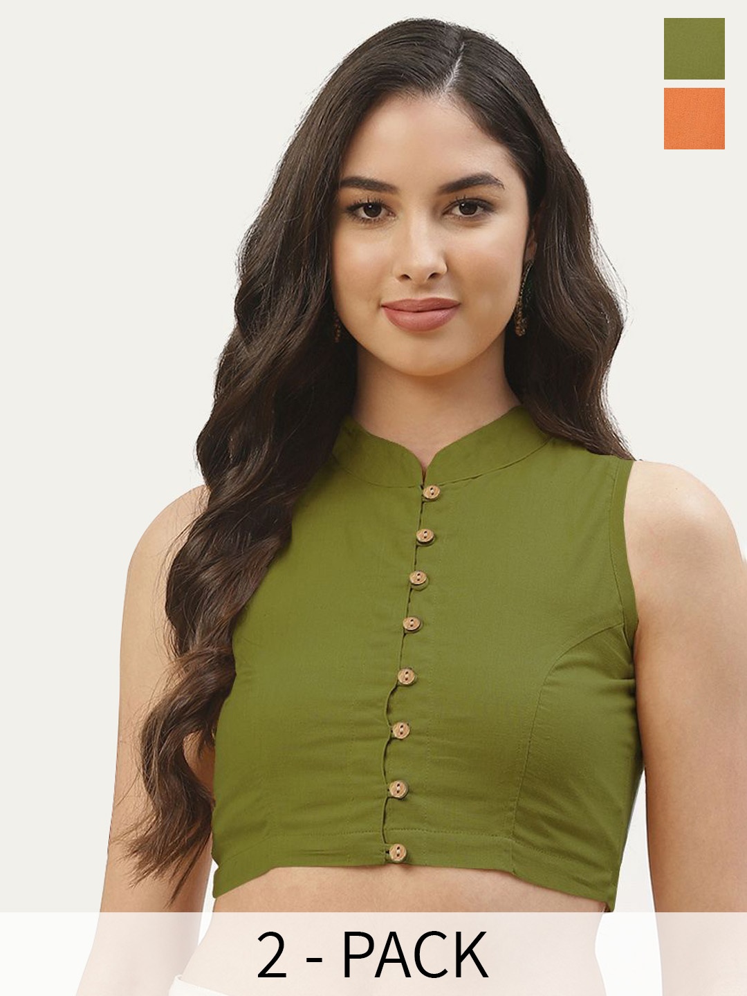 

Molcha Pack Of 2 Plus Size Cotton solid Mandarin Collar non padded Saree Blouse, Olive