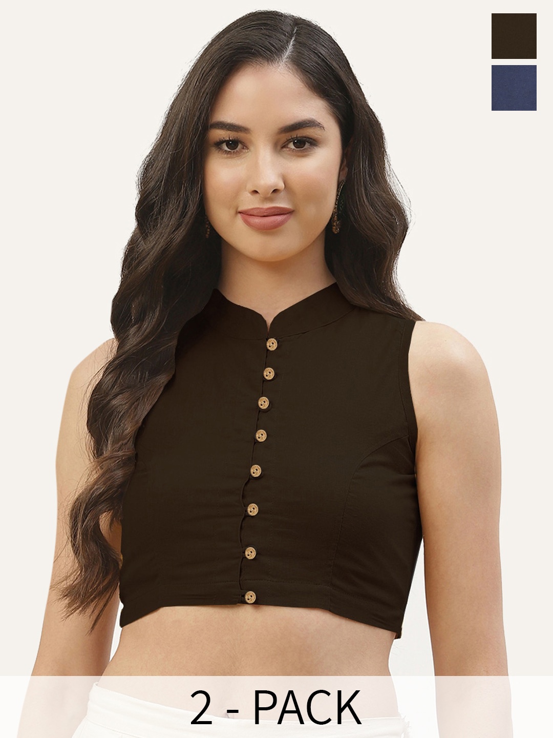 

Molcha Pack Of 2 Plus Size Cotton solid Mandarin Collar non padded Saree Blouse, Brown
