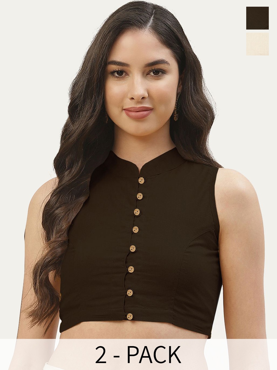 

Molcha Pack Of 2 Plus Size Cotton solid Mandarin Collar non padded Saree Blouse, Brown
