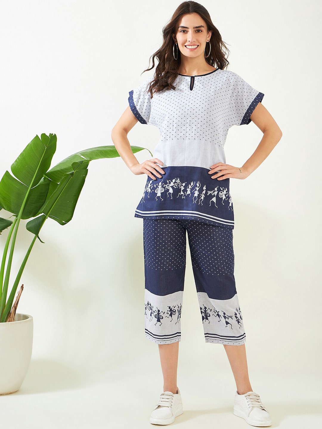 

The Kaftan Company Printed Pure Cotton Top & Capris Co-Ord Set, Navy blue