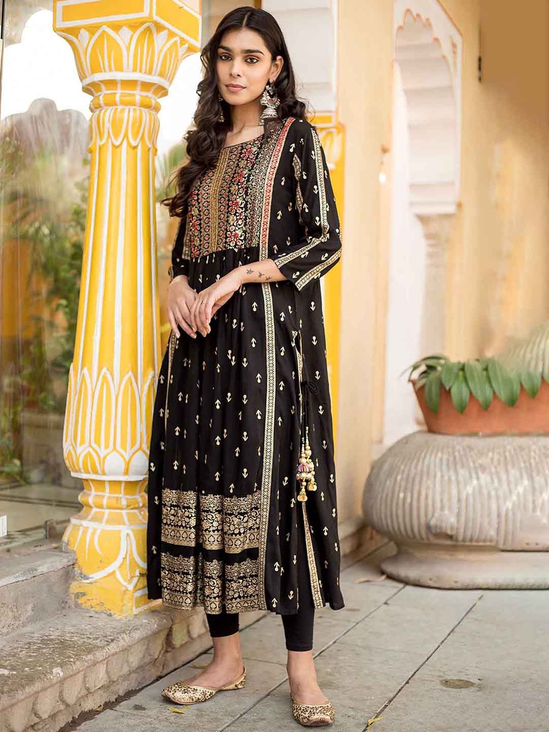 

Nehamta Women Printed Flared Sleeves Floral A-Line Kurta, Black