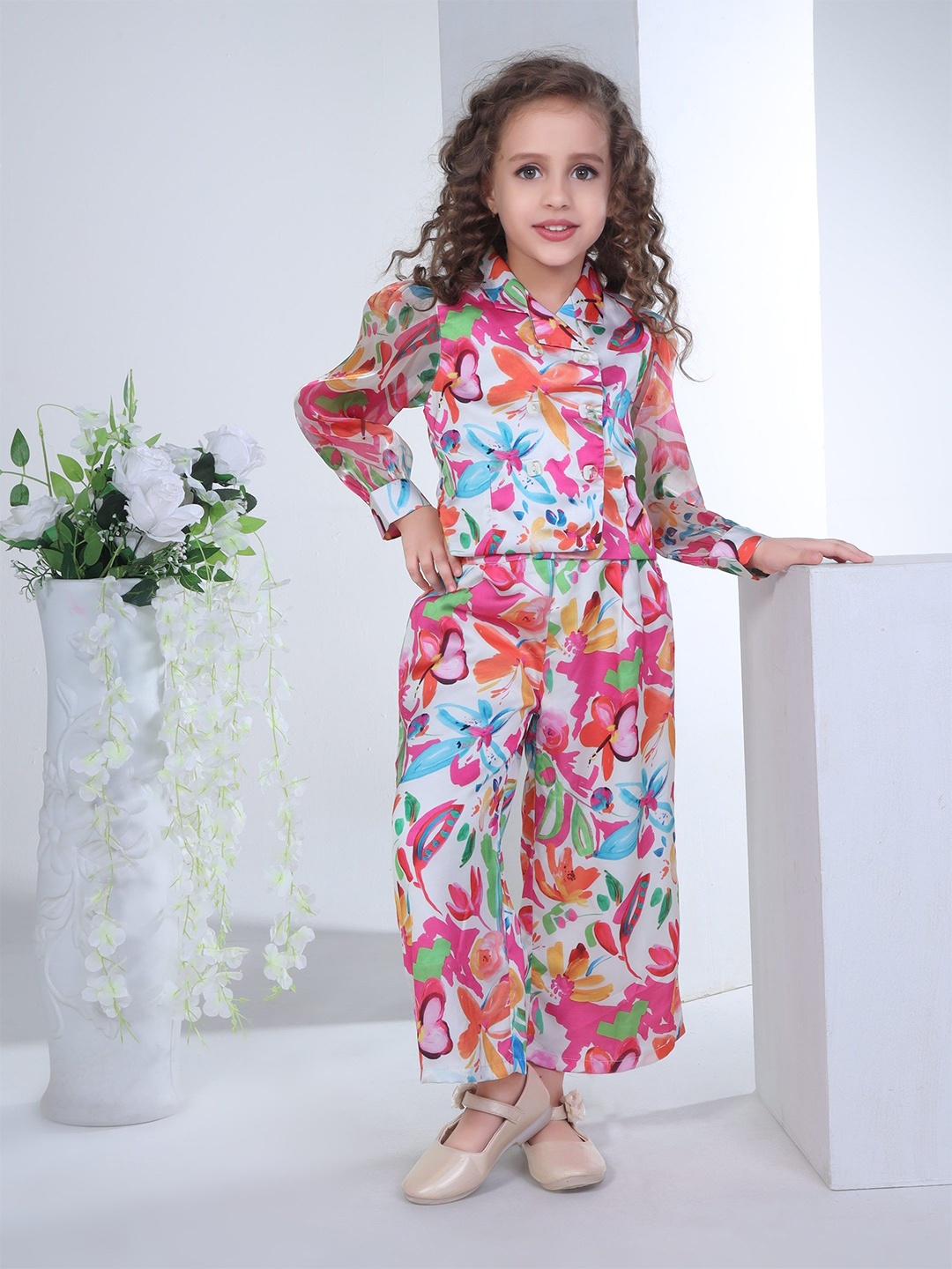 

Peppermint Girls Shirt Collar Printed Top with Trousers, White
