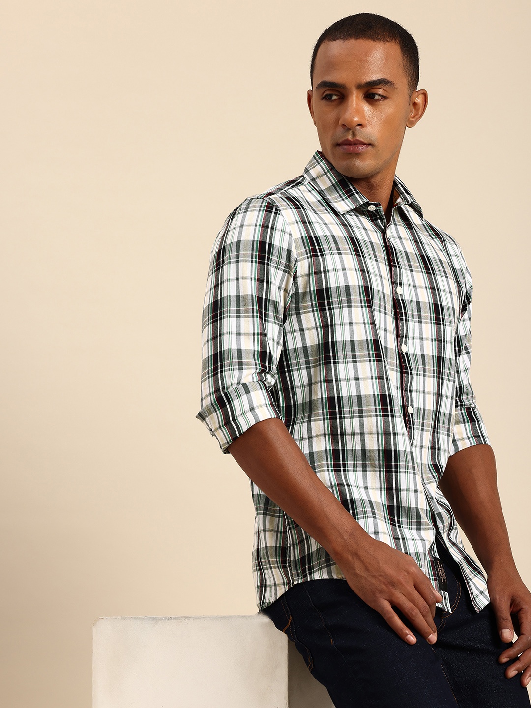 

Being Human Slim Fit Opaque Pure Cotton Checked Casual Shirt, White