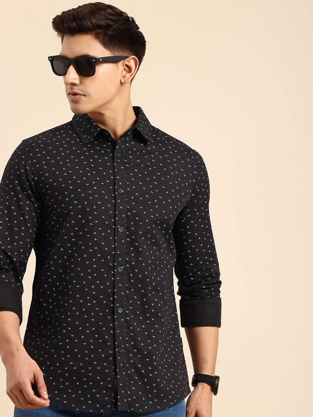 

Being Human Slim Fit Geometric Printed Pure Cotton Casual Shirt, Black