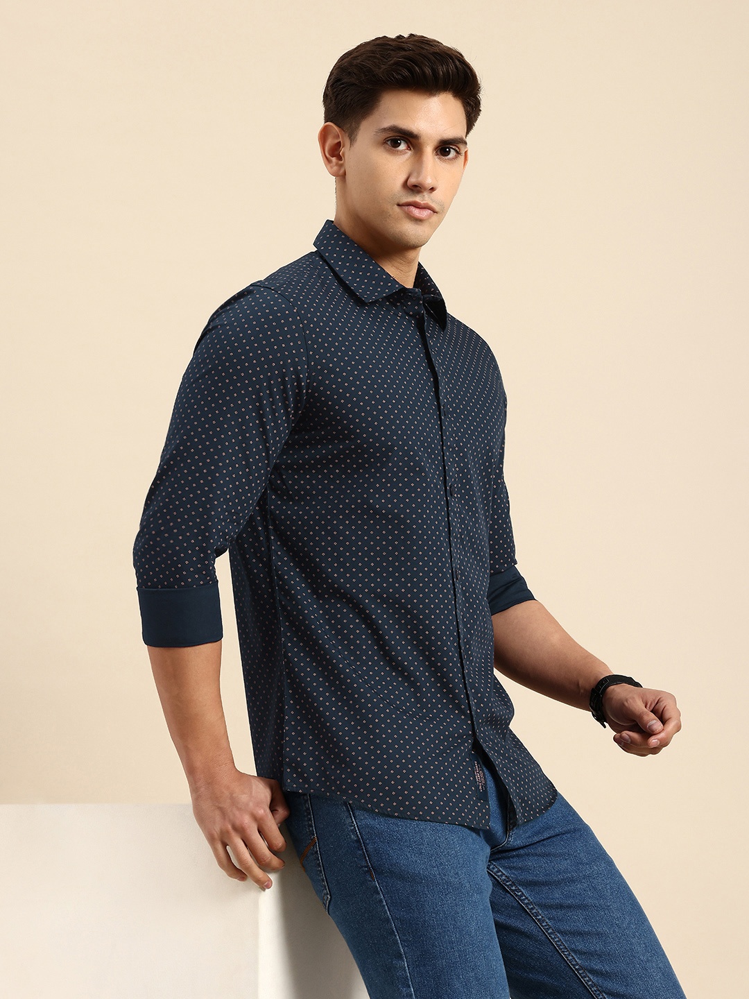 

Being Human Spread Collar Micro Ditsy Printed Slim Fit Casual Shirt, Navy blue