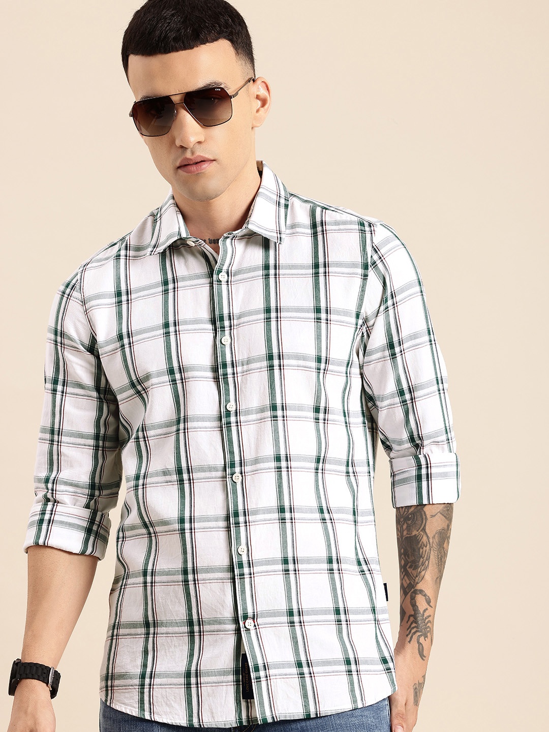 

Being Human Pure Cotton Slim Fit Checked Casual Shirt, White