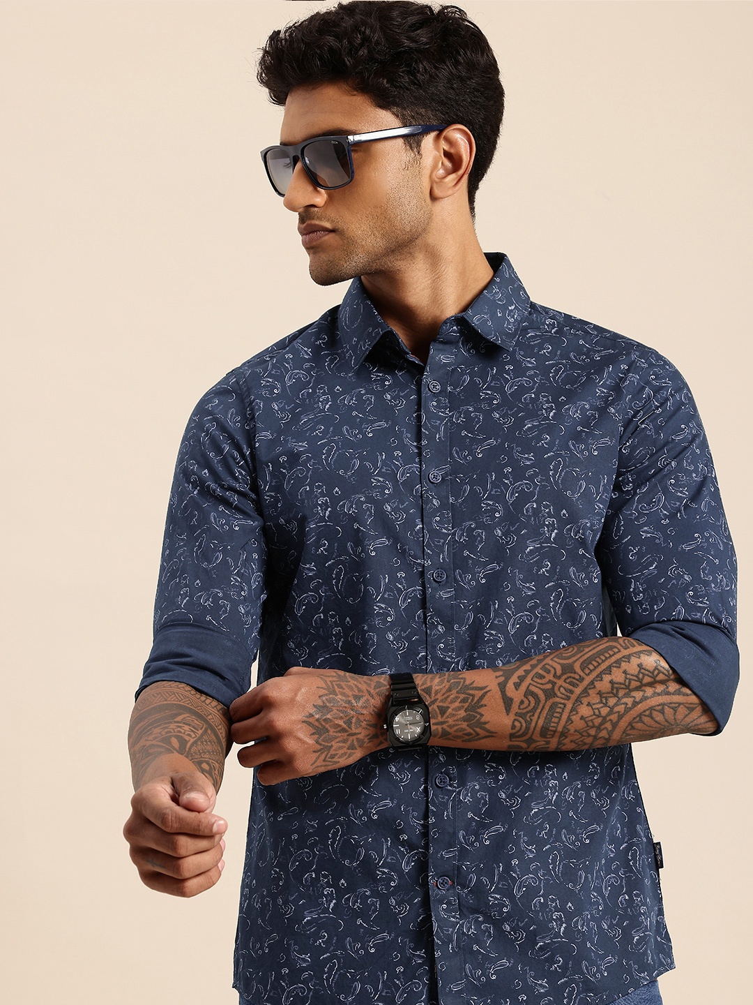 

Being Human Paisley Printed Slim Fit Pure Cotton Casual Shirt, Navy blue