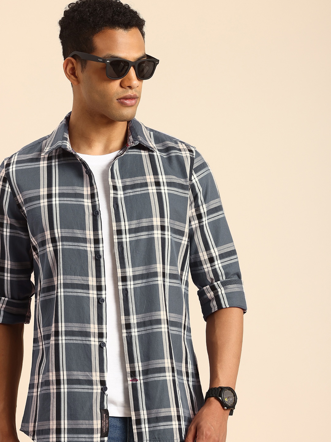 

Being Human Pure Cotton Slim Fit Checked Casual Shirt, Grey