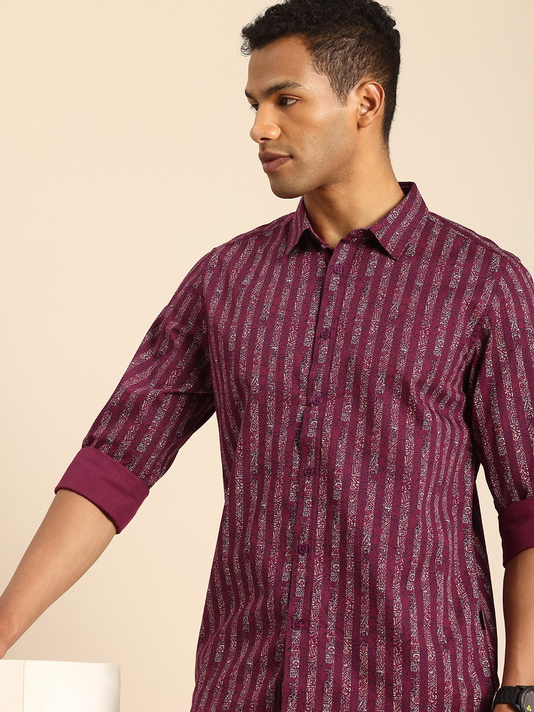 

Being Human Pure Cotton Slim Fit Opaque Striped Casual Shirt, Burgundy